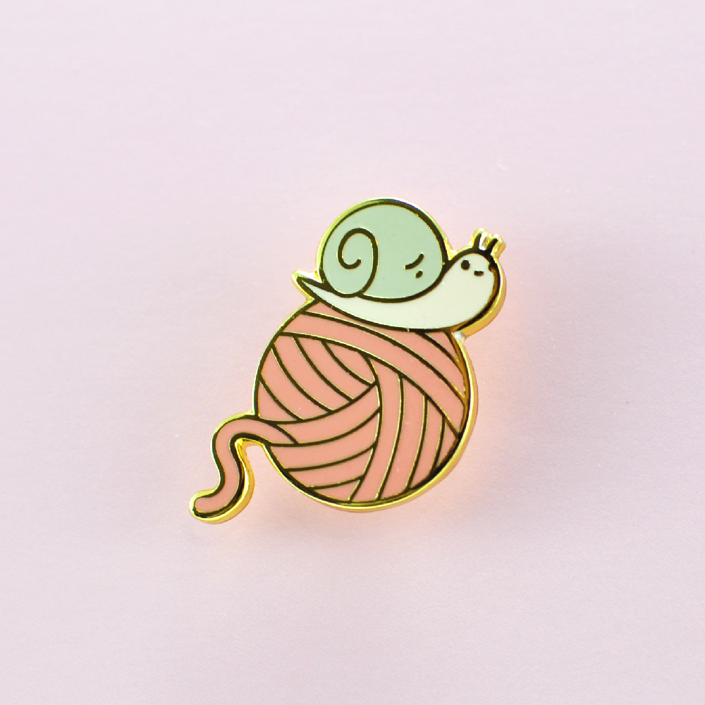 Josh the Snail with Yarn Ball Enamel Pin, gold color plated